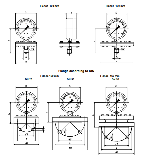 Pressure gauge with diaphragm Industry version with or without filling