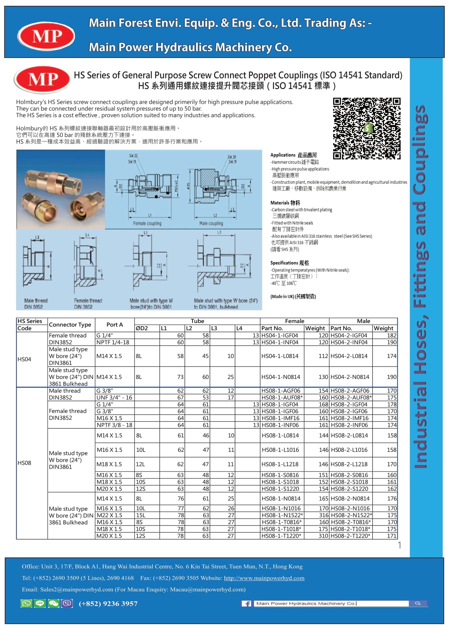HS Series of General Purpose Screw Connect Poppet Couplings (ISO 14541 Standard) HS 系列通用螺紋連接提升閥芯接頭(ISO 14541 標準)