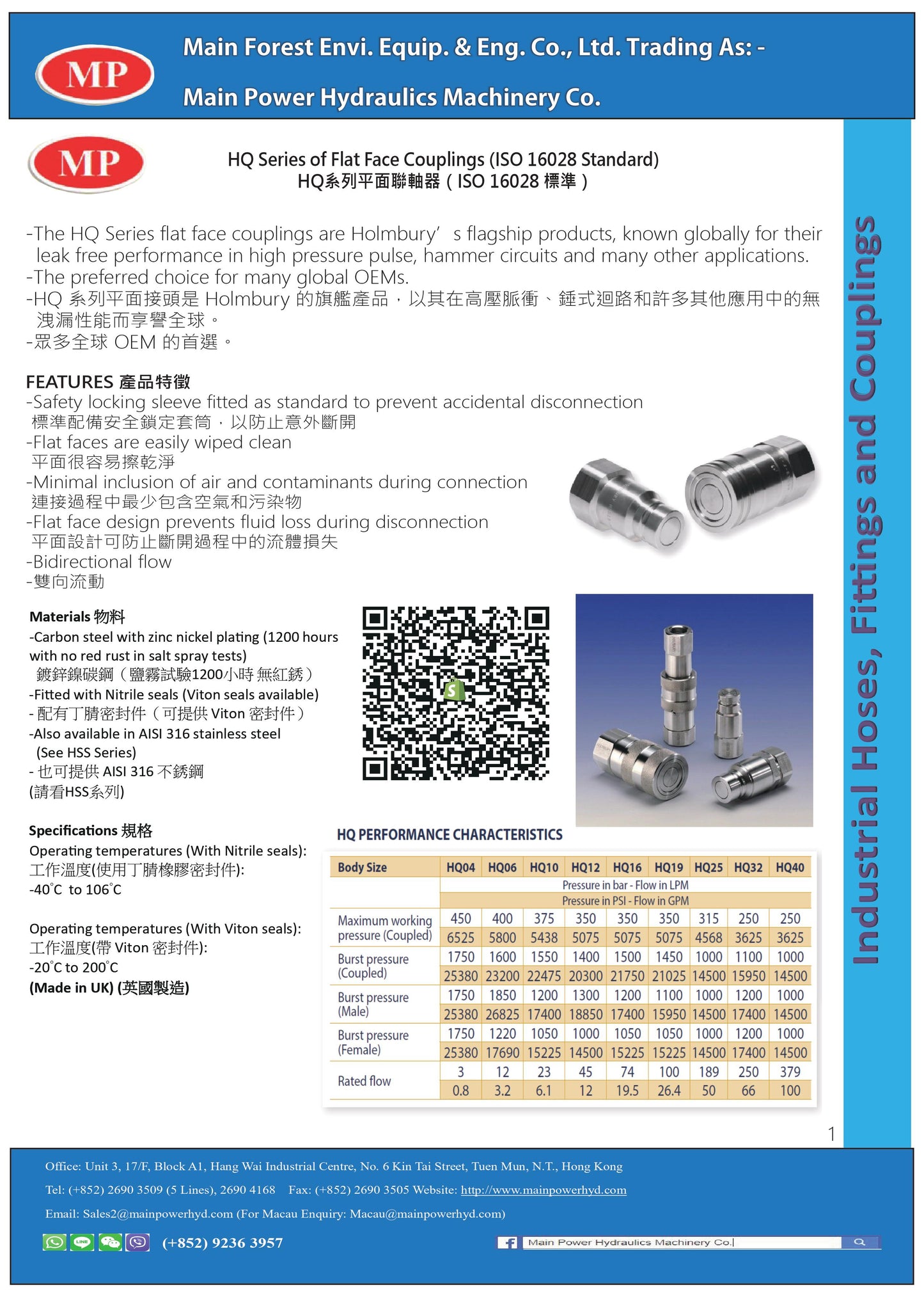 HQ Series of Flat Face Couplings (ISO 16028 Standard) HQ系列平面聯軸器(ISO 16028 標準)