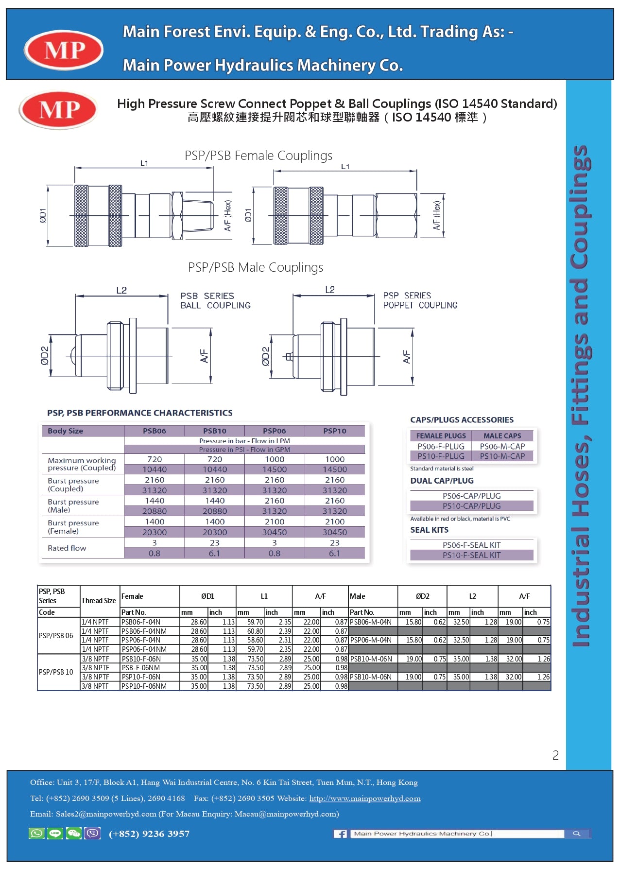 PSP, PSB Series of High Pressure Screw Connect Poppet & Ball Couplings (ISO 14540 Standard) PSP, PSB 系列高壓螺紋連接提升閥芯和球型聯軸器(ISO 14540 標準)