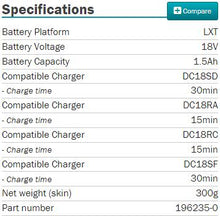 Load image into Gallery viewer, Makita 牧田 18V 1.5Ah Lithium-Ion Battery BL1815N
