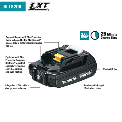 Makita 牧田 18V LXT® Lithium‑Ion Compact 2.0Ah Battery BL1820B