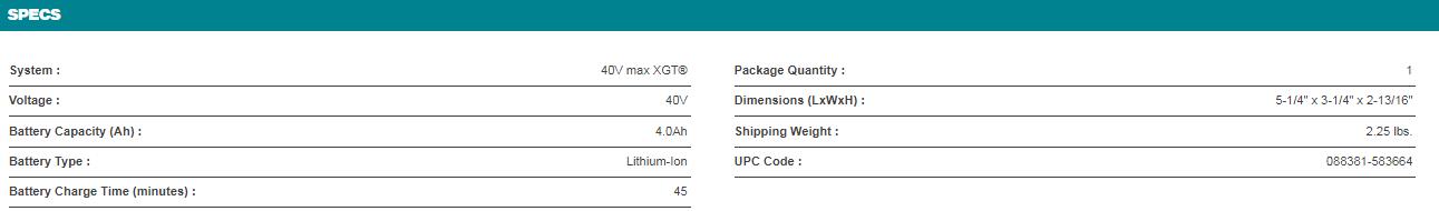 Makita 牧田 40V max XGT® 4.0Ah Battery BL4040