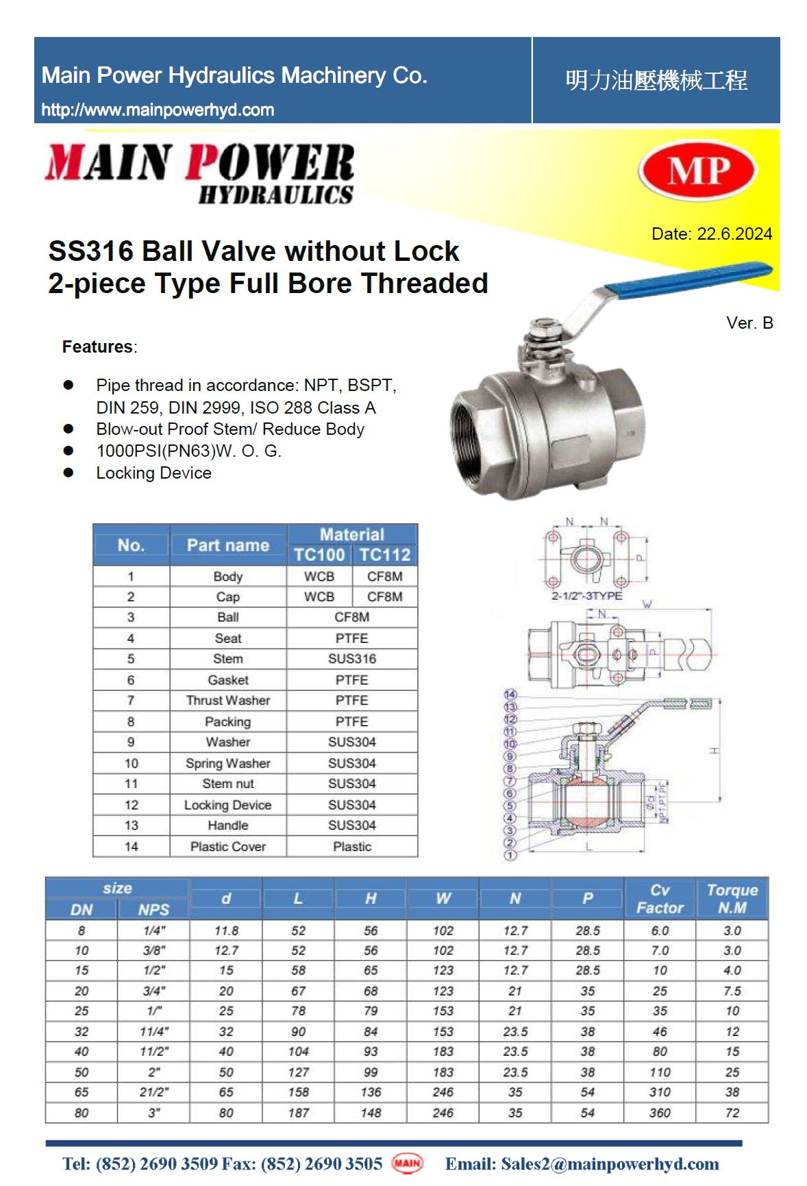 SS316 Ball Valve 2-piece Type Full Bore